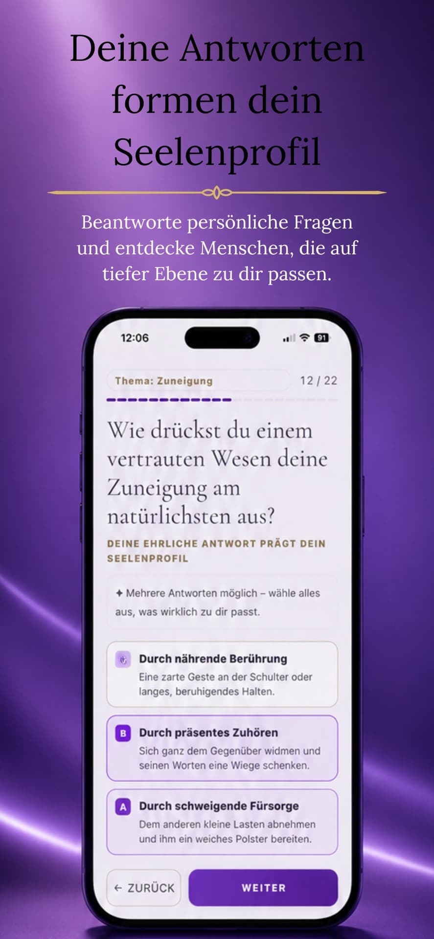 Gemella App-Store-Screenshot mit Seelenprofil