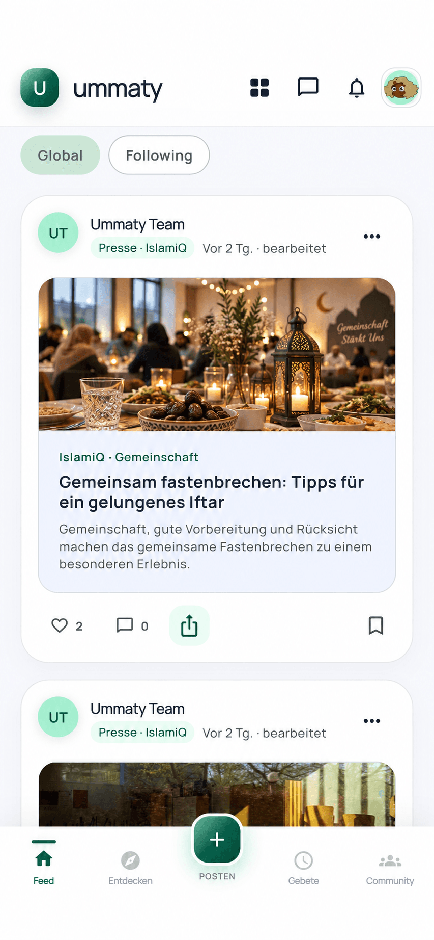 Ummaty App-Store-Screenshot mit neutralem Community-Beitrag